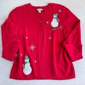 Vintage Mercer Street Studio Red Christmas Snowman Cardigan Sweater L